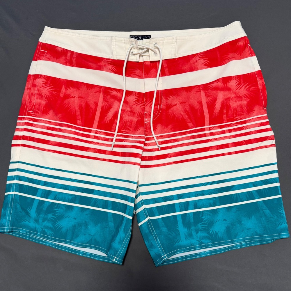 American Eagle Board Shorts Mens XL Red Teal Palm Trees
